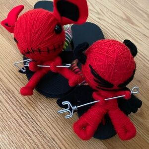 ONE OF A KIND HANDMADE Red Devil Yarn Dolls flip flops sandals